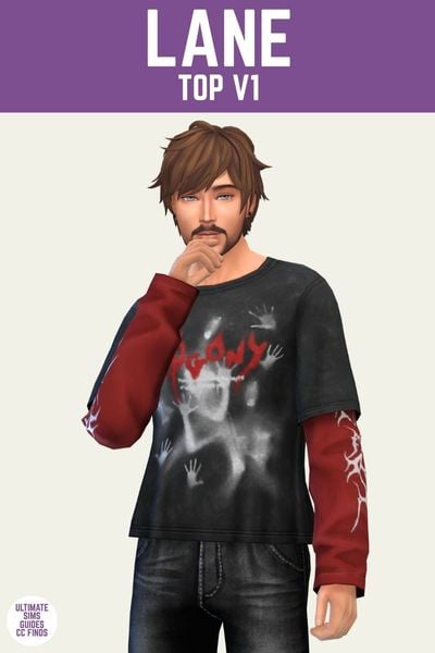 This is a product image for the Axa 2025 cc collection for The Sims 4. This image has a purple bar at the top the text "Lane Top V1" and below is a male sim posed wearing black jeans and a long sleeve red shirt under a black t-shirt 
