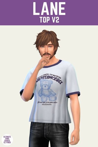 This is a product image for the Axa 2025 cc collection for The Sims 4. This image has a purple bar at the top the text "Lane Top V2" and below is a male sim in black jeans and a t-shirt with a bear design
