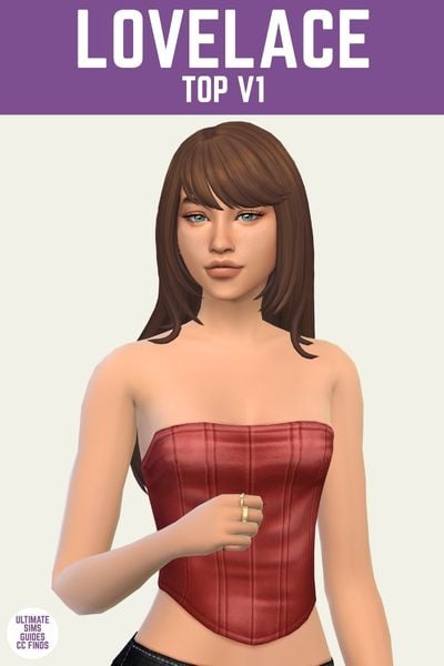 This is a product image for the Axa 2025 cc collection for The Sims 4. This image has a purple bar at the top the text "Lovelace top V1" and below is a brown haired sim wearing a strapless red top with boning 