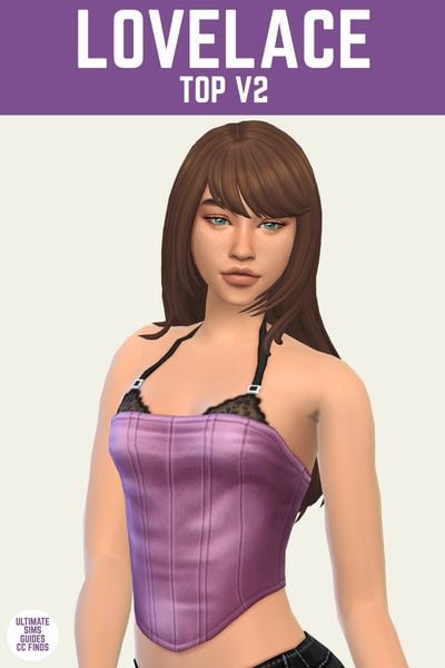 This is a product image for the Axa 2025 cc collection for The Sims 4. This image has a purple bar at the top the text "lovelace top V2" and below is a sim with brown hair. They are wearing a strapless pink top with boning and a bra underneath. 