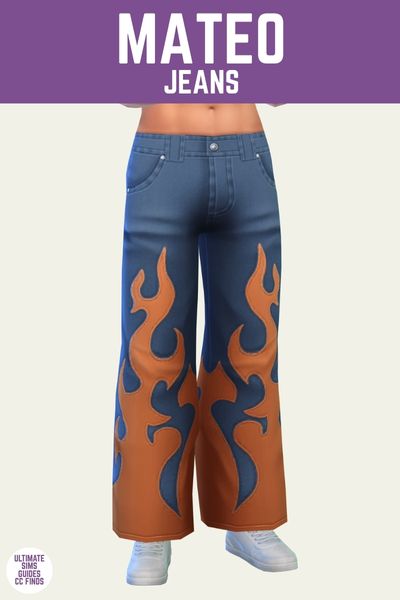 This is a product photo for the Mateo Jeans for male sims. The image has a purple bar at the top with "mateo jeans" in white text. Under is a sim from the waist down showing a pair of blue jeans with orange flames 