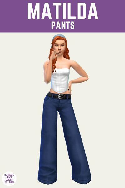 This is a product image for custom content from the countryside closet set for The Sims 4. This image has a purple bar at the top with white text that says "Matilda Pants" and the sim is posed. They are wearing wide leg jeans that cover their feet, a white strapless top and a blue bandana in their hair 