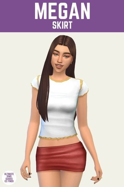 This is a product image for the Axa 2025 cc collection for The Sims 4. This image has a purple bar at the top the text "Megan Skirt" and below is a sim with long brown hair wearing a white t-shirt and a red micro mini skirt 