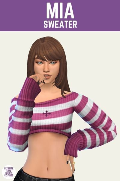 This is a product image for the Axa 2025 cc collection for The Sims 4. This image has a purple bar at the top the text "Mia Sweater". Below that is a sim posed with one hand in front of their face and the other on their hip. They are wearing a super-cropped sweater in pink and white stripes. 