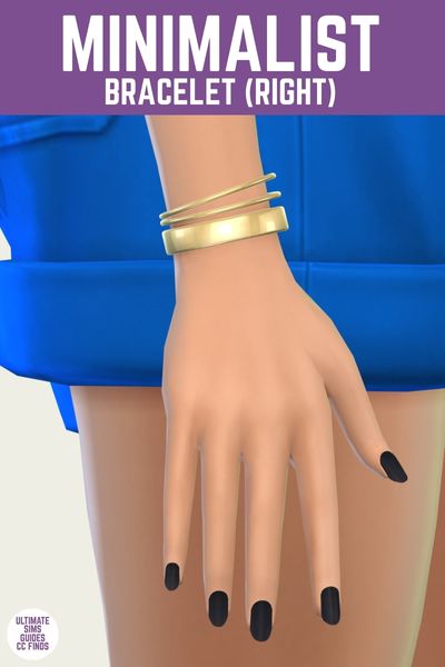 This is a product image for a piece of jewelry by joliebean. This image has a purple bar at the top with "Minimalist bracelet (right)" in white text. Below is a close up of a sim's hand with three stacked metal bracelets on their wrist 