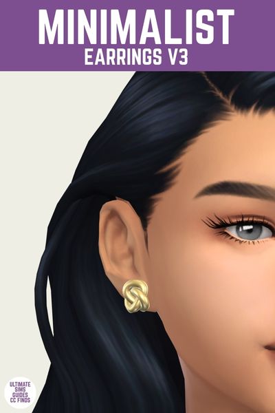 This is a product image for a piece of jewelry by joliebean. This image has a purple bar at the top with "Minimalist earrings V3" in white text. Below that is a close-up of the side of the sims' face to see their twisted earrings 