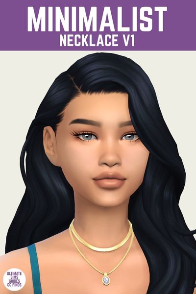 This is a product image for a piece of jewelry by joliebean. This image has a purple bar at the top with "minimalist necklace V1" in white text. Below is a sim with black hair with a layered gold necklace on 