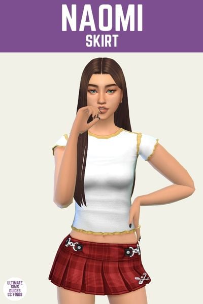 This is a product image for the Axa 2025 cc collection for The Sims 4. This image has a purple bar at the top the text "Naomi Skirt" and below is a sim with long brown hair. They are wearing a white t-shirt with a plaid, pleated micro mini skirt. 
