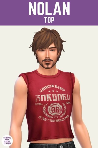 This is a product image for the Axa 2025 cc collection for The Sims 4. This image has a purple bar at the top the text "Nolan Top" Below that is a male sim with brown hair wearing a sleeveless shirt with a graphic design