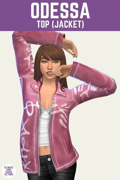 This is a product image for the Axa 2025 cc collection for The Sims 4. This image has a purple bar at the top the text "Odessa Top (Jacket)" and below is a sim posed with their arms up. They are wearing black jeans, a white tank top and a pink leather jacket. 