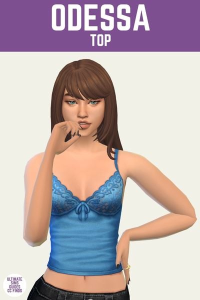 This is a product image for the Axa 2025 cc collection for The Sims 4. This image has a purple bar at the top the text "Odessa Top". Below is a sim with brown hair wearing a lace blue tank top 