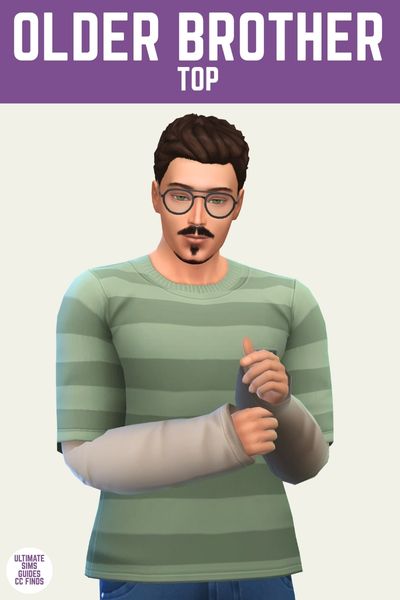 This is a product image for a male top in The Sims 4. This image has a purple bar at the top with "older brother top" written in white text. Under the purple bar there's a sim posed wearing a striped t-shirt with a long sleeve underneath 