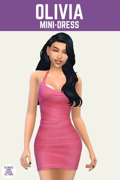 This is a product image for a piece of sims 4 cc. At the top is a purple bar with "Olivia Mini-Dress" written in bright white. Under that is a sim with black hair posed and smiling. The sim is wearing a hot pink tank top dress with a white bra hanging out 