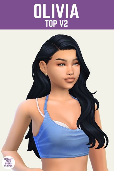 This is a product image for a piece of sims 4 cc. At the top is a purple bar with "Olivia Top V2" written in white. Under that is a sim posed looking off to the side with black hair and a cropped tank top with her bra showing 