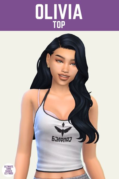 This is a product image for a piece of sims 4 cc. At the top is a purple bar with "Olivia Top" written in White. Under that is a sim with black hair smiling. She's wearing a tank top with the bra showing 