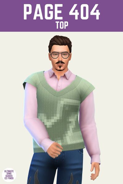 This is a product image for a male top in The Sims 4. The image has a purple bar with "page 404 top" in white text, and underneath is a male sim posing in a pink button down and green vest with a dinosaur on it 