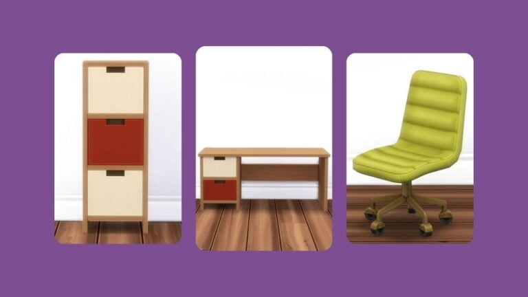 This image has a purple background with three different rectangles with rounded edges. The rectangles each have a piece of office furniture in them from the poppy set