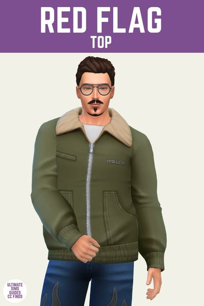 This is a product image for a male top in The Sims 4. The image has a purple bar at the top with "red flag top" written in white. Below is a sim posed wearing a white t-shirt under a green jacket and blue jeans 