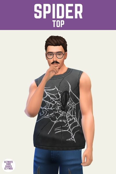 This is a product image for a male top in The Sims 4. The image has a purple bar at the top with "spider top" in white text. Underneath a male sim is posed in a sleeveless vest with a spider and spider web design on it 