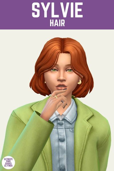 This is a product image for custom content from the countryside closet set for The Sims 4. This image has a purple bar at the top with white text that says "Sylvie Hair" and below is a sim wearing a green jacket and they have red hair in a bob 
