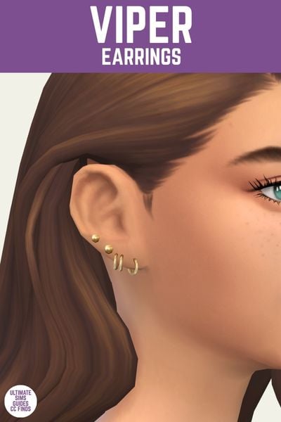 This is a product image for the Axa 2025 cc collection for The Sims 4. This image has a purple bar at the top the text "Viper Earrings" and below is a close up of a sim's ear with four earrings 