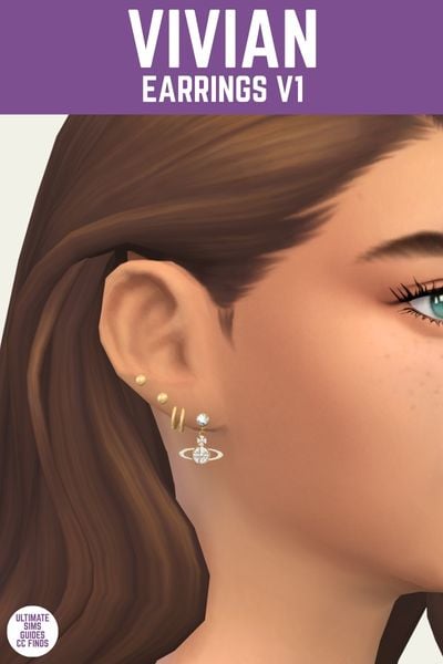 This is a product image for the Axa 2025 cc collection for The Sims 4. This image has a purple bar at the top the text "Vivian Earrings V1" and below is a close up of a sim's ear with four different earrings 