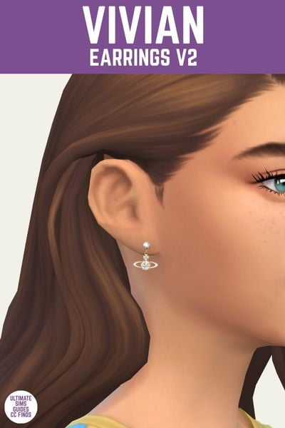 This is a product image for the Axa 2025 cc collection for The Sims 4. This image has a purple bar at the top the text "Vivian Earrings V2" and below is a close up of a sim's ear with a Vivian Westwood earring 
