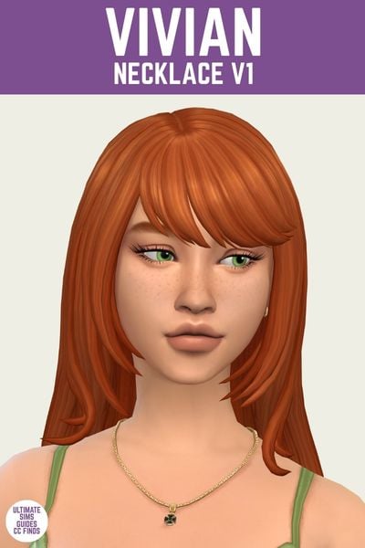 This is a product image for the Axa 2025 cc collection for The Sims 4. This image has a purple bar at the top the text "Vivian Necklace V1" and below is a sim with red hair looking to the side wearing a necklace in gold with a black charm at the bottom 