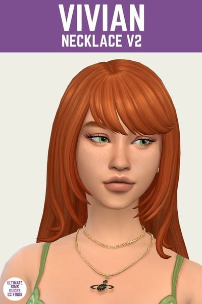 This is a product image for the Axa 2025 cc collection for The Sims 4. This image has a purple bar at the top the text "Vivian Necklace V2" and below is a sim with red hair wearing a two layered gold and black necklace 