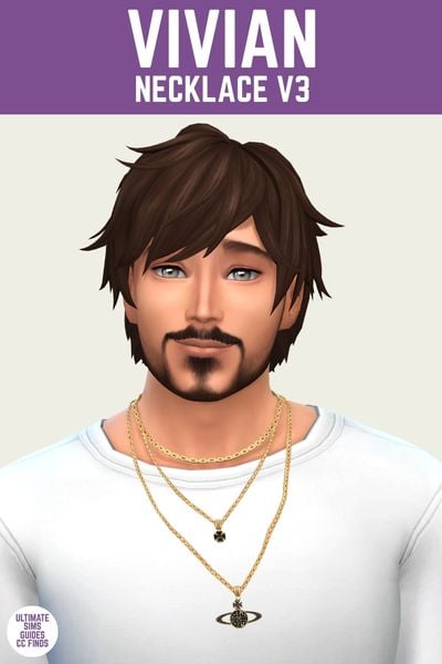 This is a product image for the Axa 2025 cc collection for The Sims 4. This image has a purple bar at the top the text "vivian necklace V3" and below is a male sim in a white t-shirt with a 3 layered gold and black necklace on 