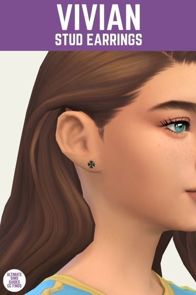 This is a product image for the Axa 2025 cc collection for The Sims 4. This image has a purple bar at the top the text "Vivian Stud Earrings" and below is a close up of a sim's ear with a black stud earring 