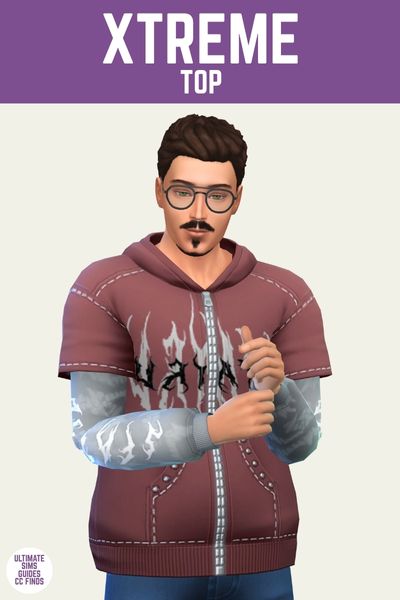 This is a product image for a male top in The Sims 4. This image has a purple bar at the top with "Xtreme TOP" written in white text. Underneath a sim is posed while wearing a long sleeve with a t-shirt hoodie on top. 