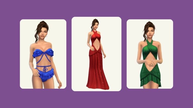 This image has a purple background with three rounded-edge rectangles and inside of those rectangles are images of a sim with brown haired posed in different dresses