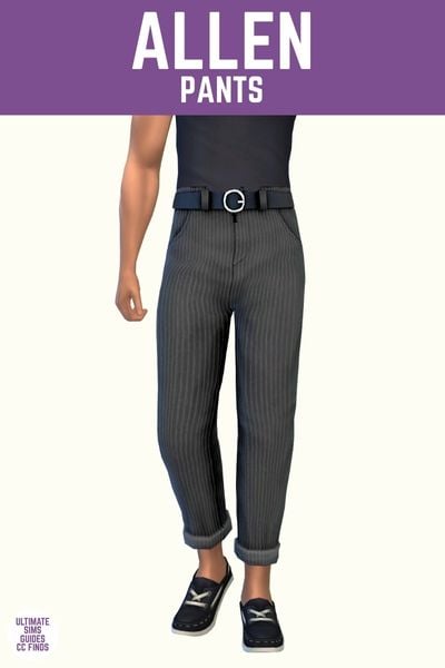 This image has a purple bar at the top with white text that says "Allen Pants" and below is a sim wearing black ribbed corduroy pants and black shoes. 