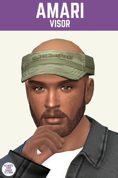 This image has a purple bar at the top with the words "Amari Visor" and below is a bald sim wearing black denim and a green visor.