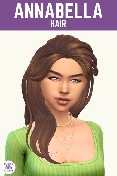 This image has a purple bar at the top with white text. The text says "Annabella Hair" and below is a sim with their hair pushed back 