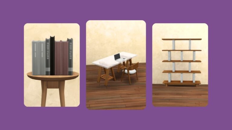 This image has a purple background with three rounded-edge rectangles. Inside those rectangles are images of furniture, the first being a set of books, the second a desk, the third a shelf.