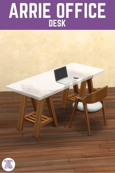 This image has a purple bar at the top that says "Arrie Office Desk" and below is an image from an angle of a glass top desk with wooden legs, a matching desk chair and a little laptop. 