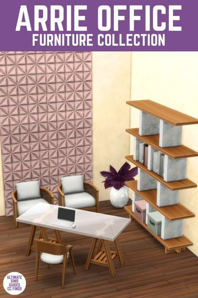 This image has a purple bar at the top with white text that reads "Arrie Office Furniture Collection" and below is a wooden and marble shelf, a wood and glass desk and two chairs. 