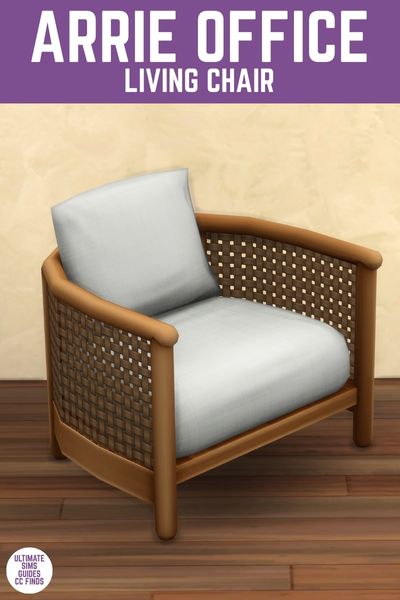 This image has a purple bar at the top that says "Arrie Office Living Chair" and below is a rattan side rounded-back chair with a white cushion 
