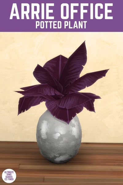 This image has a purple bar at the top that says "Arrie Office Potted Plant" and below is an image of a grey plant pot with a purple plant inside. 