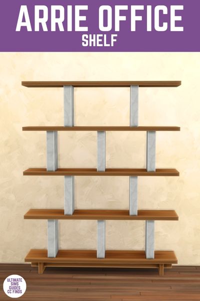 This image has a purple bar at the top that says "Arrie Office Shelf" and below is an image of a shelf with wooden shelves held up by sections of marble. 