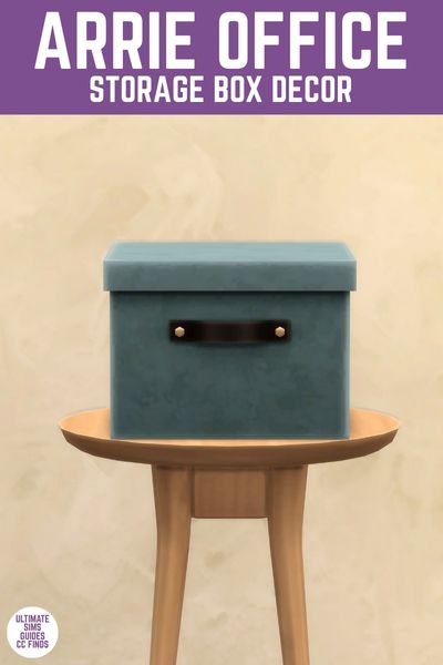 This image has a purple bar at the top that says "Arrie Office Storage Box Decor" and below is a rounded table with a blue storage box on it 