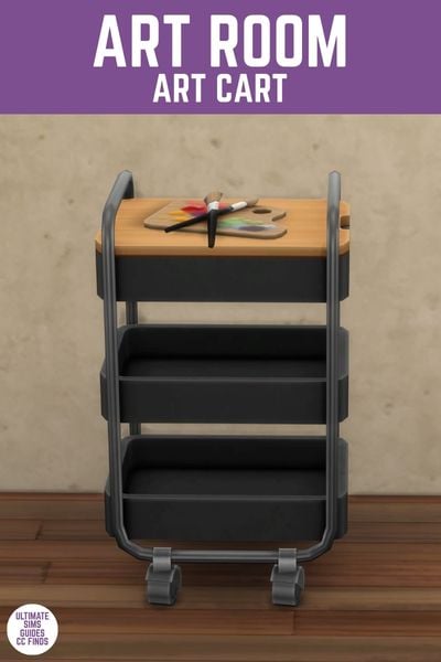 This image has a purple bar at the top with white text that says "Art Room Art Cart" and below is a black three-tiered cart with a wooden top 