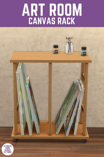 This image has a purple bar at the top with white text that says "Art room canvas rack" and below is a wooden rack with various art canvases on it 