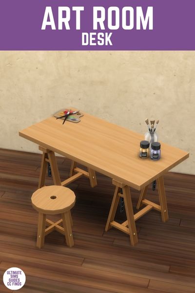 This image has a purple bar at the top with white text that says "Art Room Desk" and below is an image of a wooden desk with A-frame legs, a circle stool and paint decor on top. 