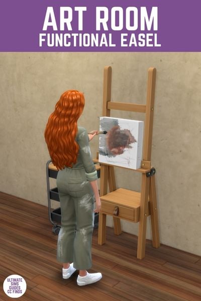 This image has a purple bar at the top with white text that says "Art room functional easel" and below is an image of a sim with red hair painting on an easel 