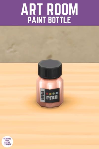 This image has a purple bar at the top with white text that says "Art Room Paint Bottle" and below is a wooden table with a small jar of paint on top