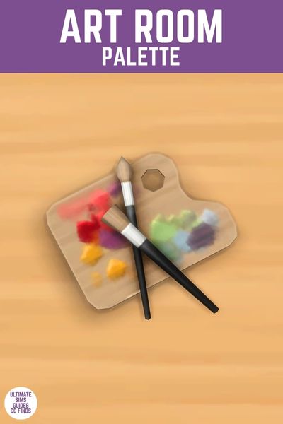 This image has a purple bar at the top with white text that says "Art Room Palette" and below is an image with a top down view of a paint palette and two brushes 
