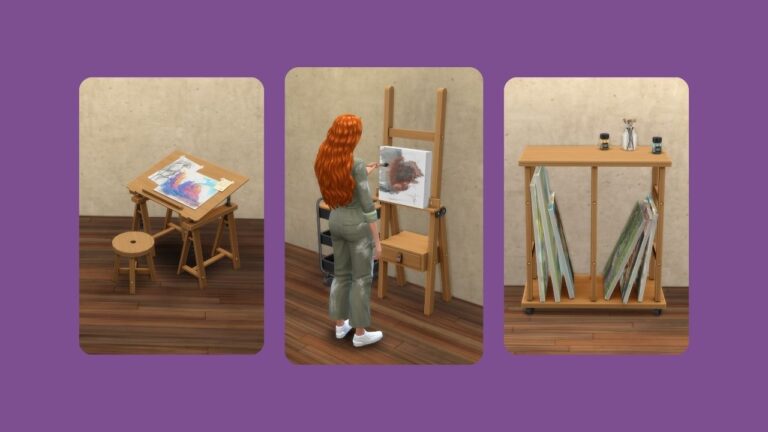 This image has a purple background with three rounded-edge rectangles and inside you can see some art-themed cc furniture.